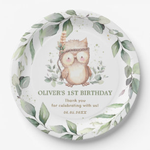 Cute Tribal Owl Chic Greenery 1st Birthday Baby Paper Plate