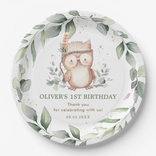 Cute Tribal Owl Chic Greenery 1st Birthday Baby  Paper Plate (Front)