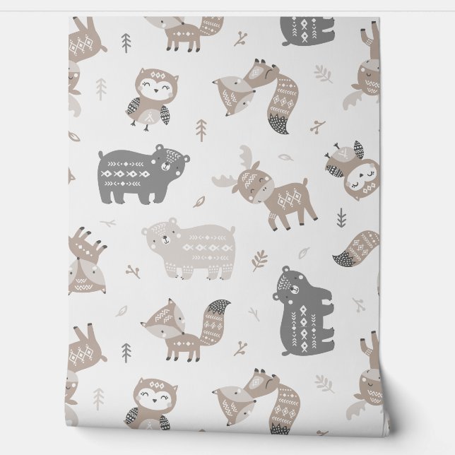 Cute Tribal Woodland Animals on white Wallpaper (Unrolling)