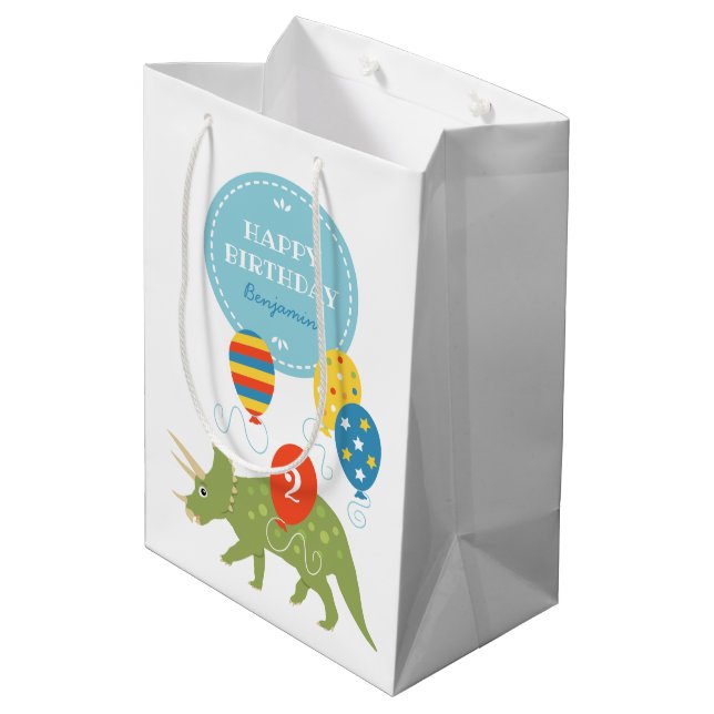 Cute Triceratops Dinosaur Balloons Custom Name Age Medium Gift Bag (Back Angled)