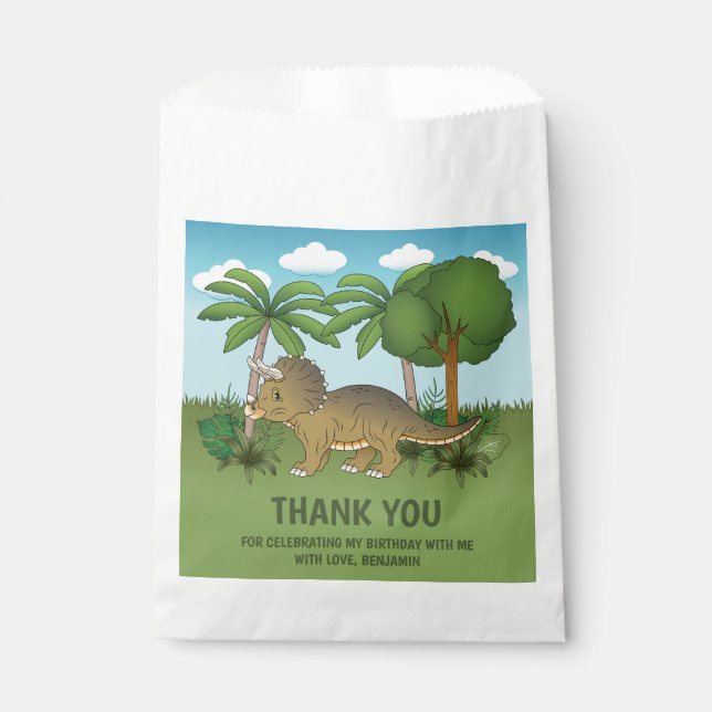 Cute Triceratops Dinosaur Birthday Thank You Favour Bags (Front)