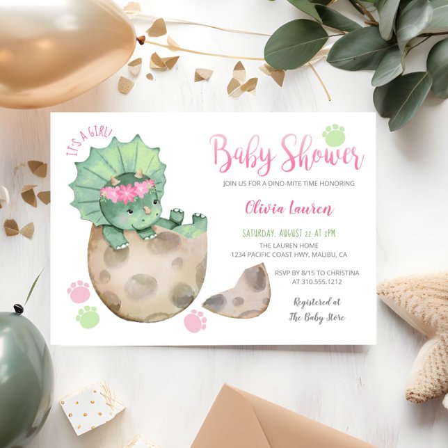 Cute Triceratops Dinosaur Tracks Girl Baby Shower Invitation (Creator Uploaded)