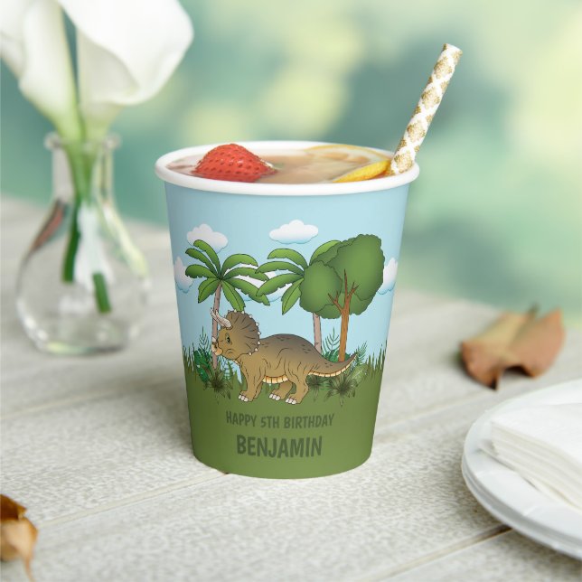 Cute Triceratops Dinosaur Tropical Kid's Birthday Paper Cups (Insitu)