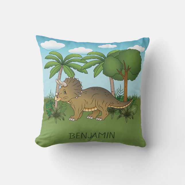 Cute Triceratops Dinosaur Tropical Nature Cushion (Front)