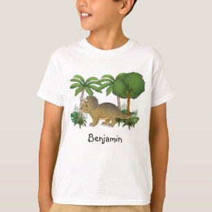 Cute Triceratops Dinosaur With Trees And Plants T-Shirt