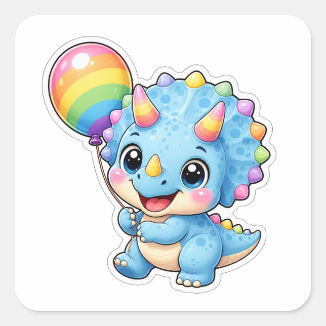 Cute Triceratops Rainbow Balloon Square Sticker (Front)