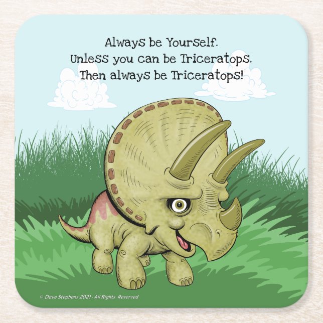 Cute Triceratops Square Paper Coaster (Front)