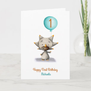 Cute Triceratops with Balloon First Birthday Card