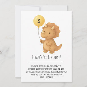 Cute Triceratops with Yellow Balloon Birthday Invitation