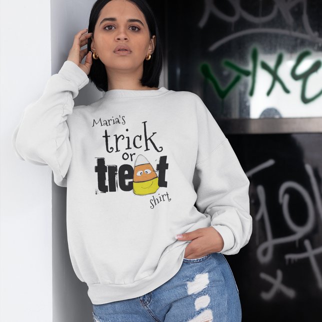 Cute Trick or Treat Candy Personalised Sweatshirt (Halloween Cute Whimsical Trick or Treat Candy Corn Custom Sweatshirt)