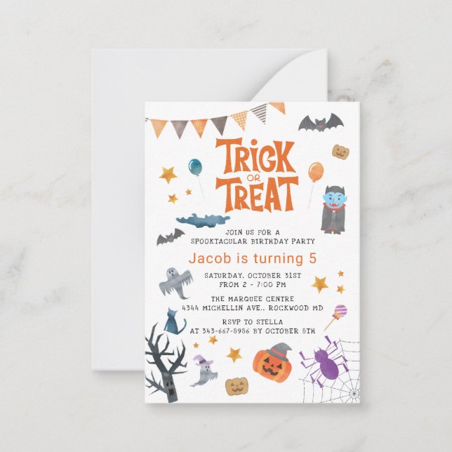 Cute Trick or Treat Halloween 5th Birthday Party Card (Front)