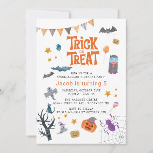 Cute Trick or Treat Halloween 5th Birthday Party Invitation