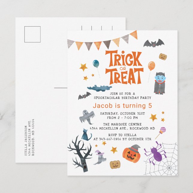 Cute Trick or Treat Halloween 5th Birthday Party Invitation Postcard (Front/Back)