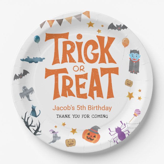 Cute Trick or Treat Halloween 5th Birthday Party Paper Plate (Front)