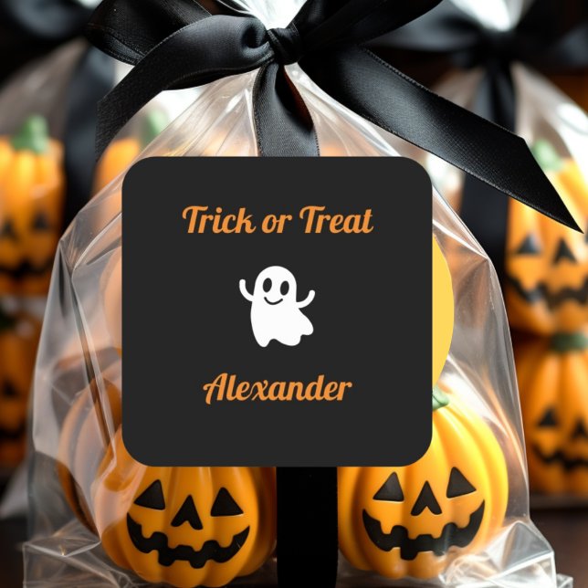 Cute Trick or Treat Halloween Ghost Name Square Sticker (Creator Uploaded)