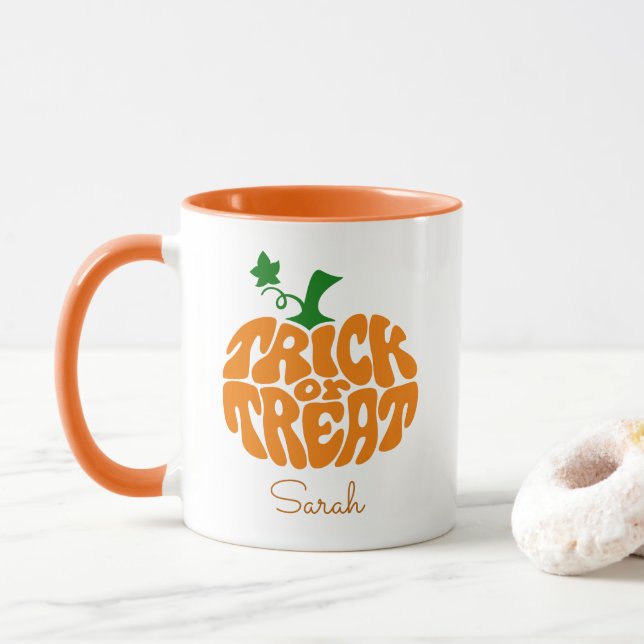 Cute Trick Or Treat Halloween Pumpkin Mug (With Donut)
