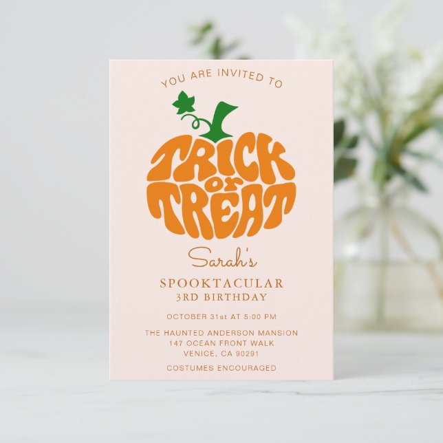 Cute Trick Or Treat Halloween Pumpkin RSVP Card (Standing Front)