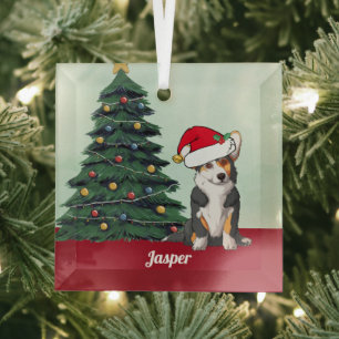 Cute Tricolor Corgi with Tail Custom Christmas Glass Tree Decoration