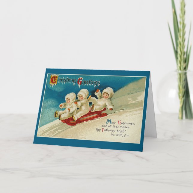 Cute Triplets Sledding Holiday Cards (Front)