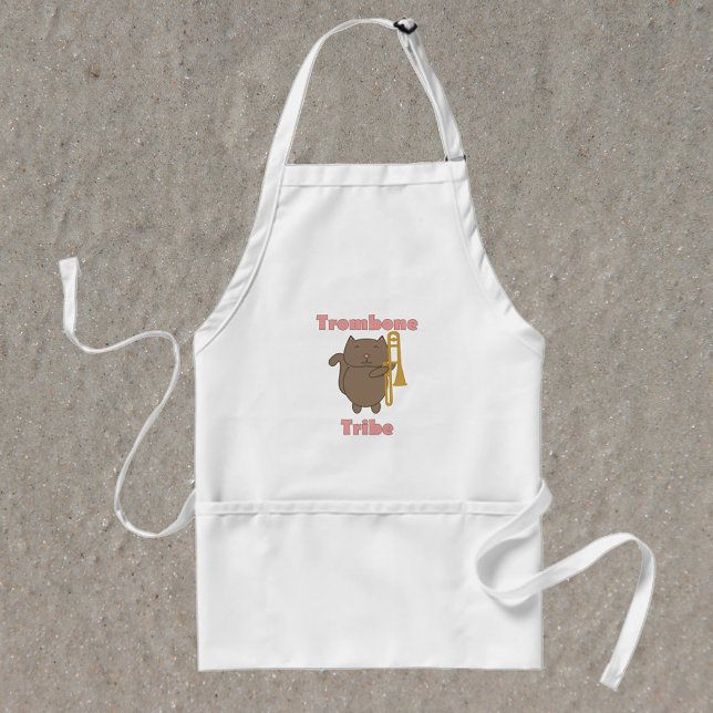 Cute Trombone Cat “Trombone Tribe” Marching Band  Standard Apron (An apron with a brown cat holding a trombone with the words trombone tribe in pink letters.)