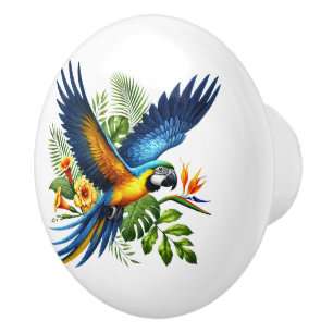 Cute tropical beach house parrots ceramic knob