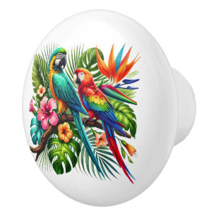 Cute tropical beach house parrots ceramic knob