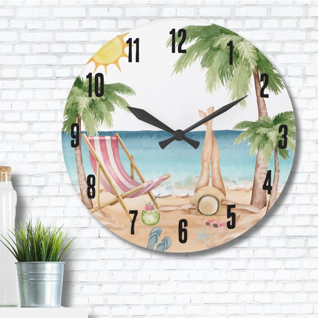 Cute Tropical Beach Large Clock (Cute Girly Tropical Watercolor Beach Large Clock)