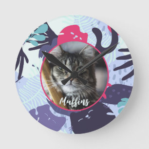 Cute tropical cat pattern, custom pet photo gift round clock