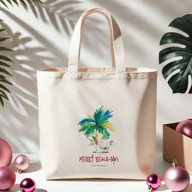 Cute Tropical Christmas Tote Bags (Tropical Christmas beach-mas tote bag watercolor palm tree and Santa art by Victoria Grigaliunas)