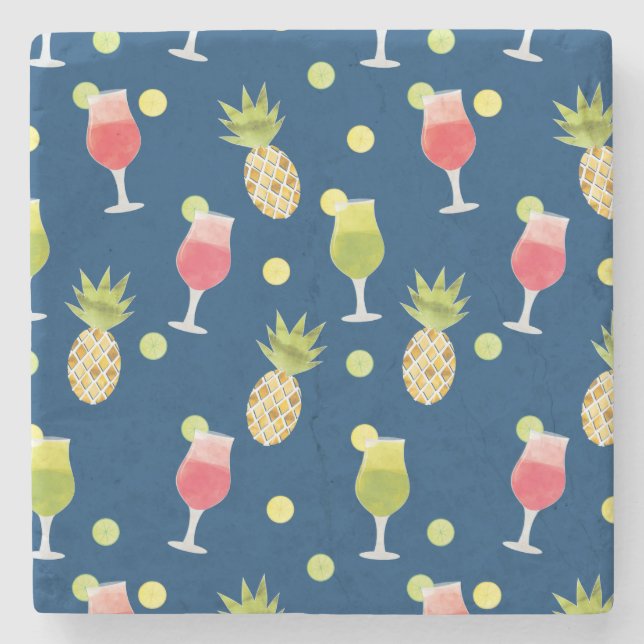 Cute Tropical Cocktail & Fruit Pattern Stone Coaster (Front)