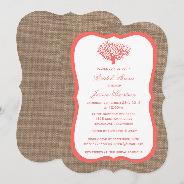 Cute Tropical Coral Beach Burlap Bridal Shower Invitation (Front/Back)