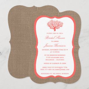 Cute Tropical Coral Beach Burlap Bridal Shower Invitation