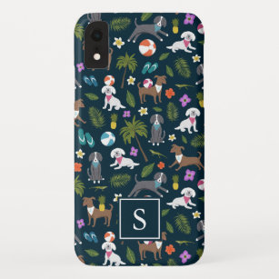 Cute Tropical Dog Pattern   Monogram   Navy Case-Mate iPhone Case