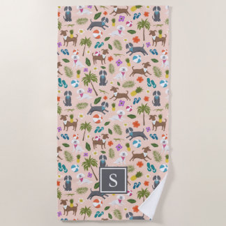 Cute Tropical Dog Pattern | Monogram | Peach Beach Towel