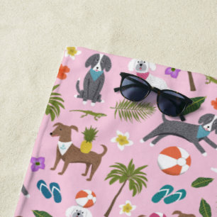Cute Tropical Dog Pattern   Monogram   Pink Beach Towel