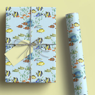 Cute Tropical Fish Cartoons, Blue Watercolor Wrapping Paper Sheet