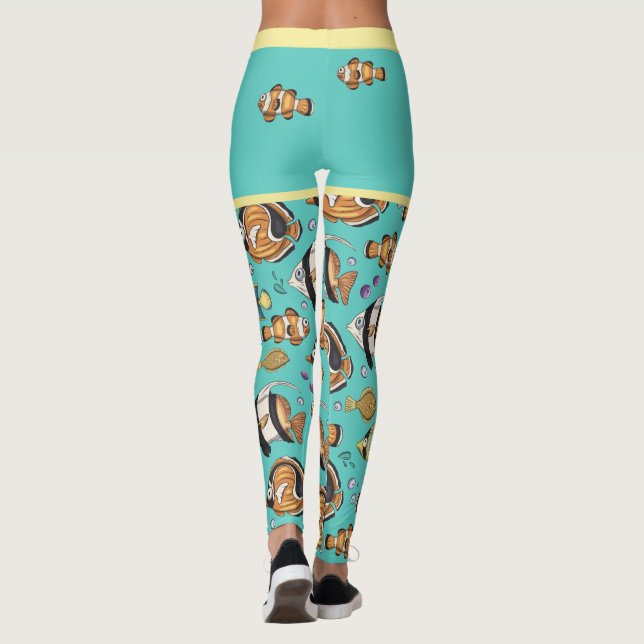 Cute Tropical Fish Swimming Beach Mural Aquarium Leggings (Back)