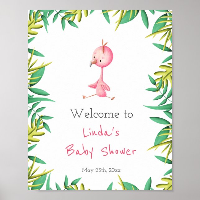 Cute Tropical Flamingo Girl Baby Shower Welcome Poster (Front)
