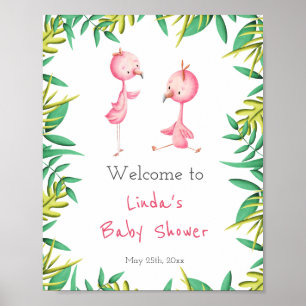 Cute Tropical Flamingo Twins Baby Shower Poster