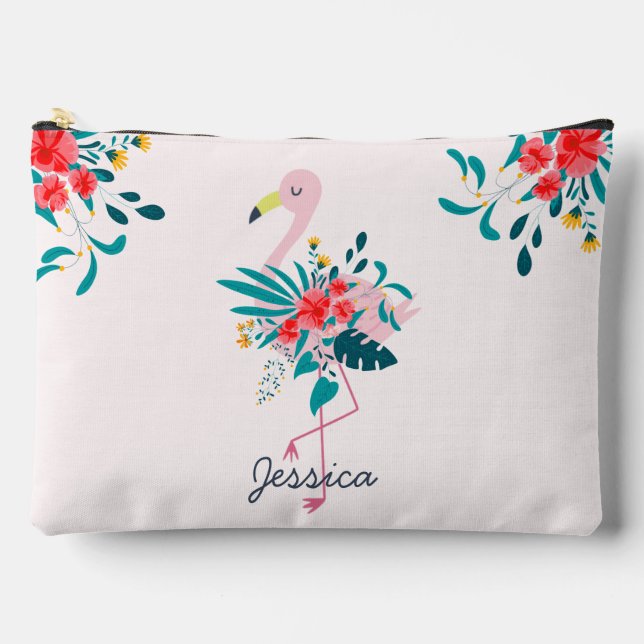 Cute Tropical Floral Flamingo Personalised Accessory Pouch (Front)