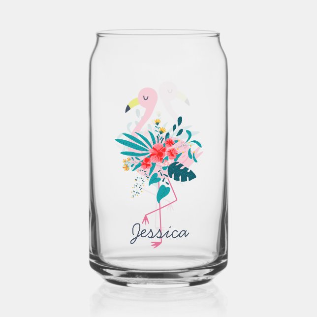Cute Tropical Floral Flamingo Personalised Can Glass (Front)