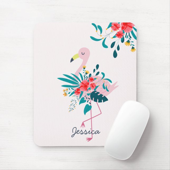 Cute Tropical Floral Flamingo Personalised Mouse Mat (With Mouse)
