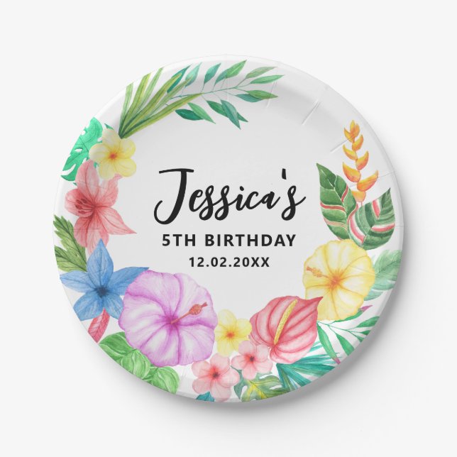 Cute Tropical Floral Wreath Summer Birthday Paper Plate (Front)