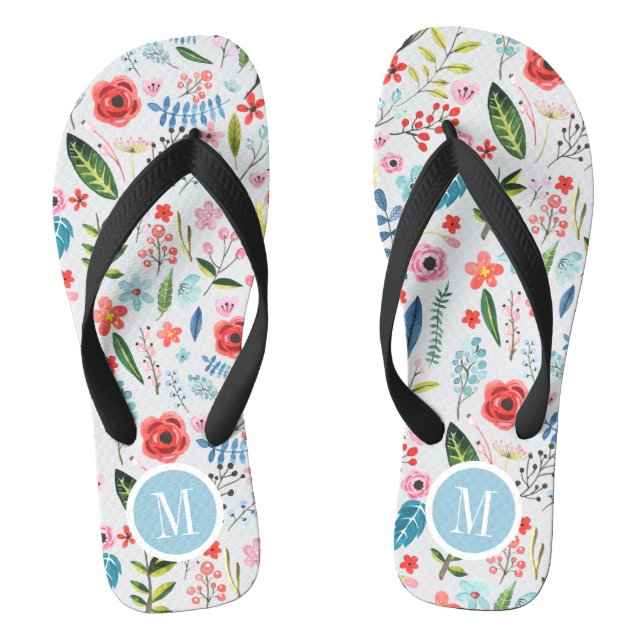 Cute Tropical Flowers & Leafs Botanical Pattern Flip Flops (Footbed)