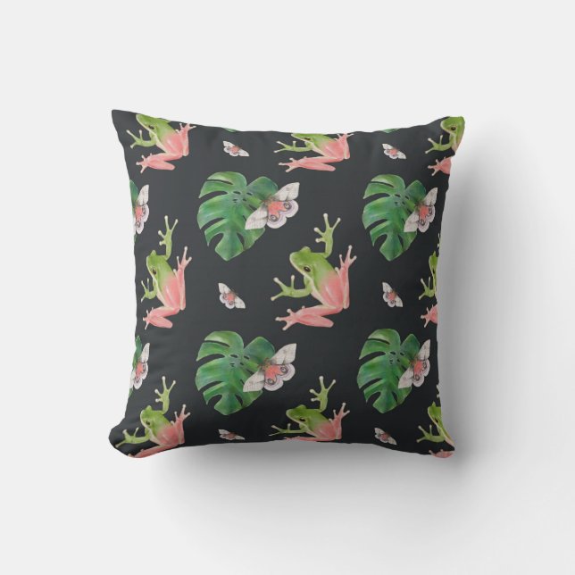 Cute Tropical Frog and Butterfly Pattern Cushion (Front)