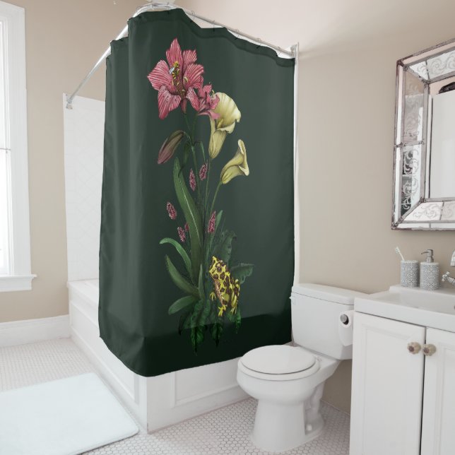 Cute Tropical Frog and Lily Botanical Floral Art Shower Curtain (In Situ)