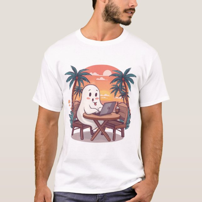 Cute Tropical Ghost Digital Nomad Halloween Design T-Shirt (Front)