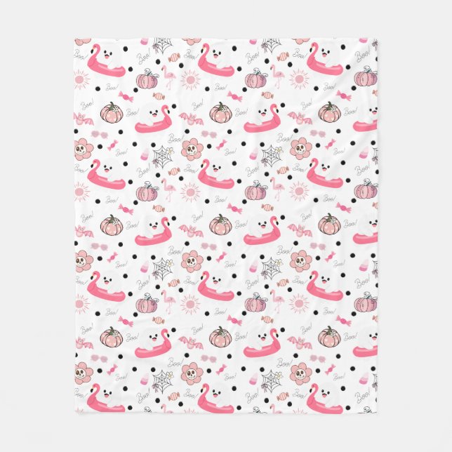 Cute Tropical Halloween – Ghosts & Flamingo Fleece Blanket (Front)