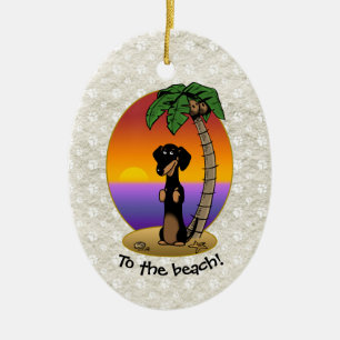 Cute Tropical Island Beach Dachshund (black & tan) Ceramic Tree Decoration