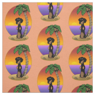 Cute Tropical Island Beach Dachshund (black & tan) Fabric